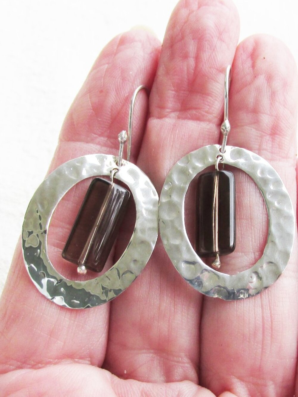 Vintage Mexico Smoky Quartz Hammered Sterling Silver Dangle Hoop Earrings